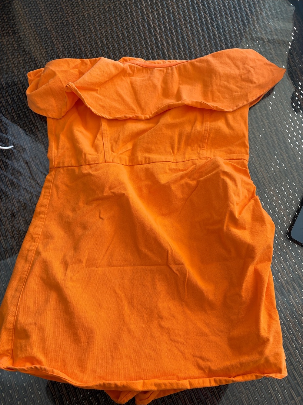 Off-Shoulder Orange Romper with Ruffle Neckline